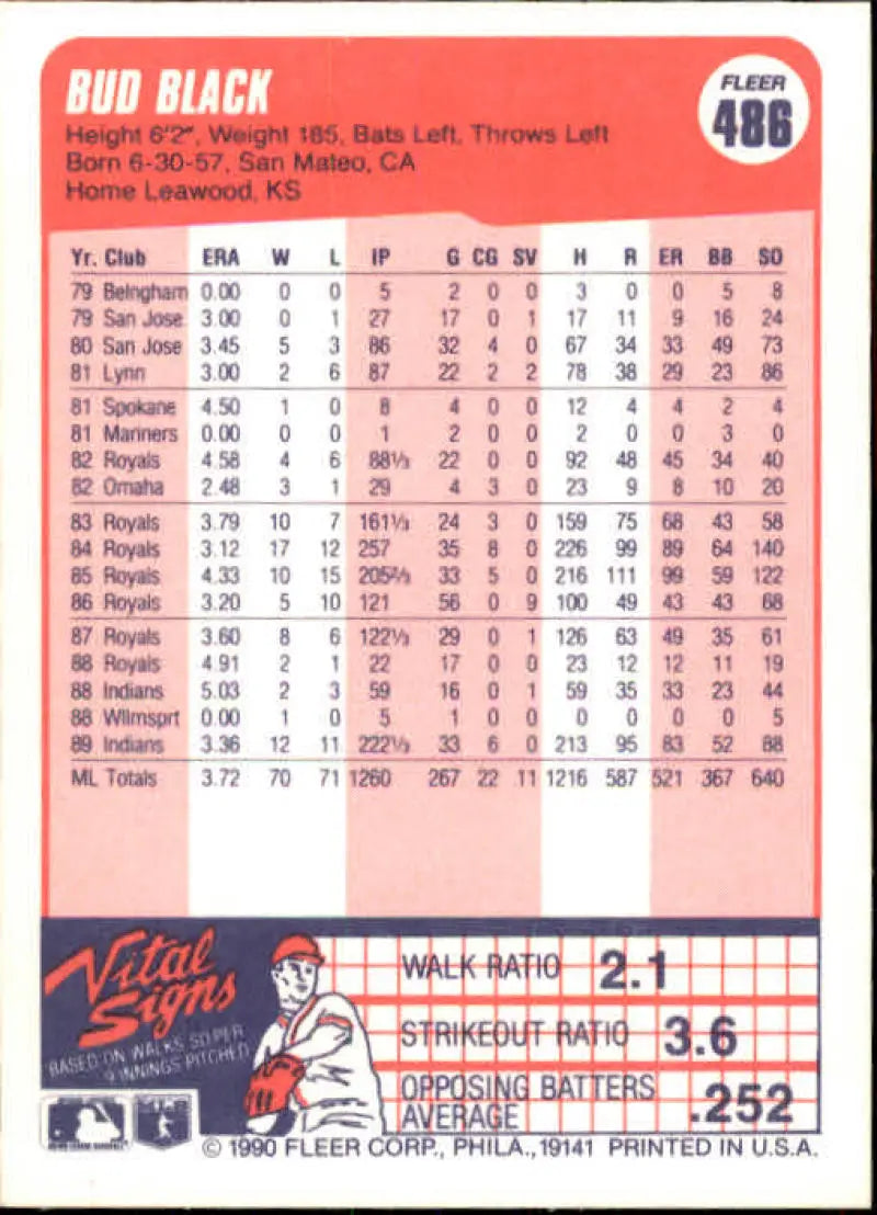 1990 Fleer #486 Bud Black NM-MT Cleveland Indians Baseball Card - Baseball Card Single
