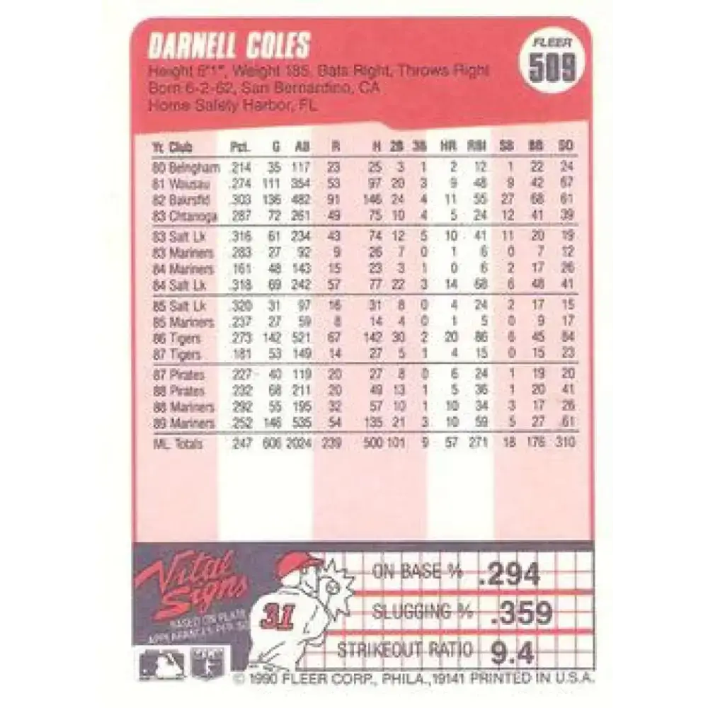 1990 Fleer #509 Darnell Coles NM-MT Seattle Mariners Baseball Card - Baseball Card Single