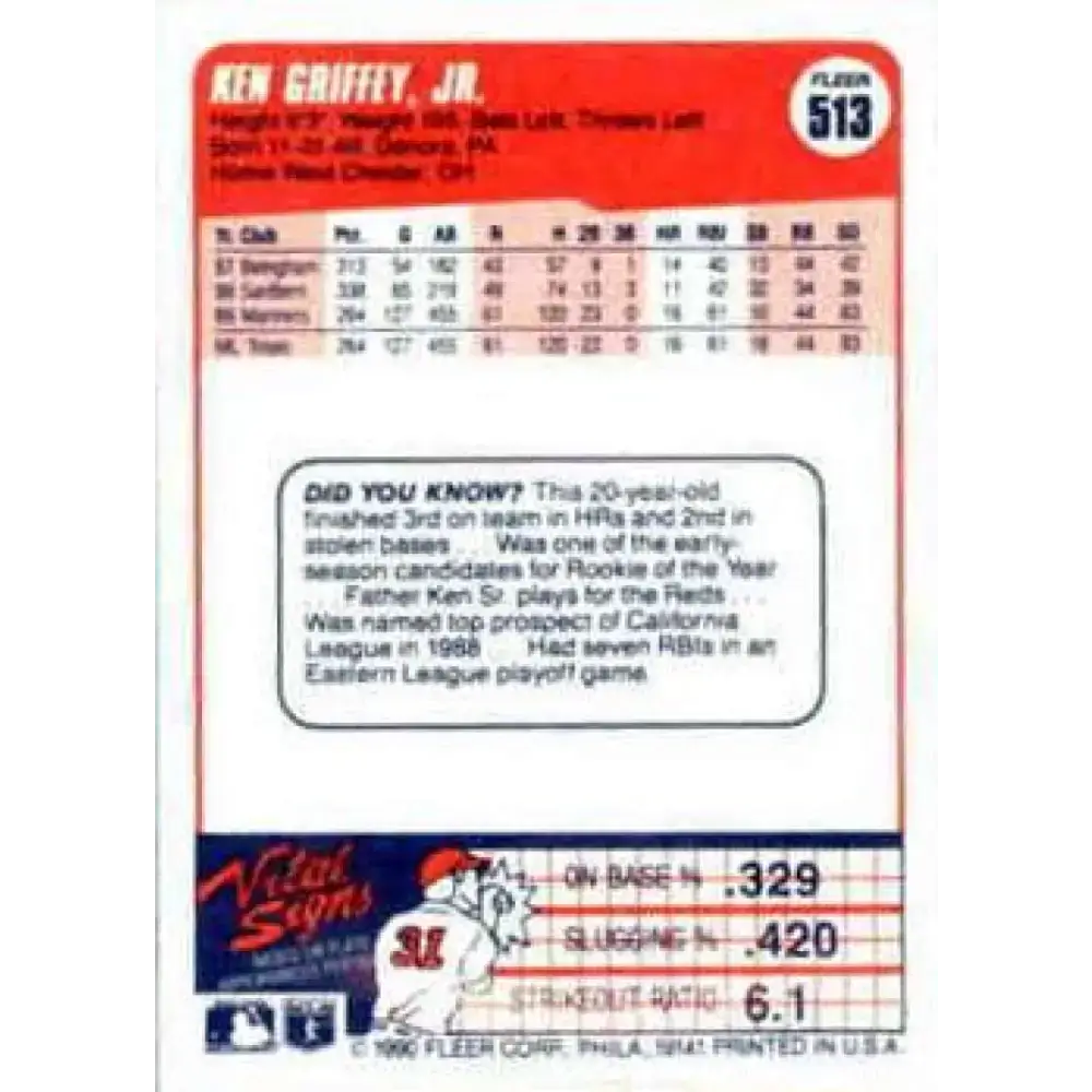 1990 Fleer #513 Ken Griffey Jr. NM-MT Seattle Mariners Baseball Card - Baseball Card Single