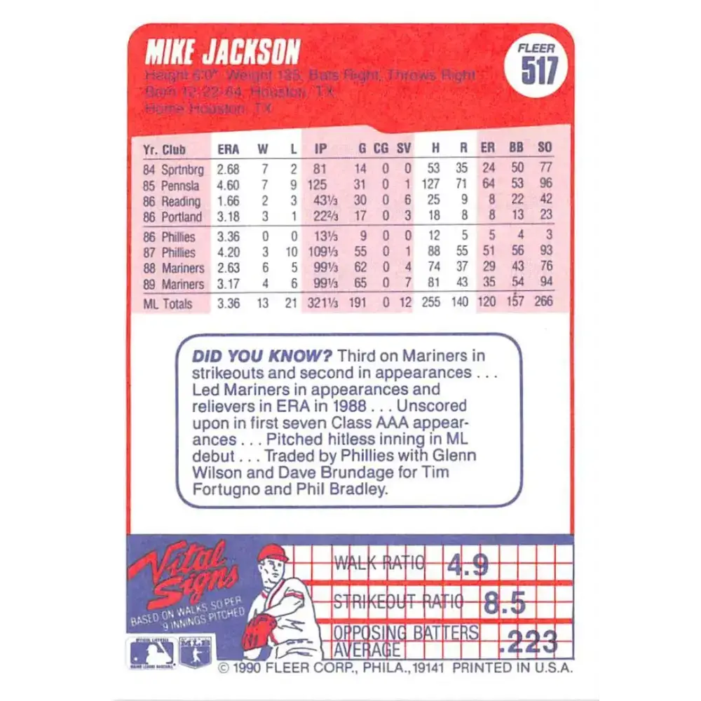 1990 Fleer #517 Mike Jackson NM-MT Seattle Mariners Baseball Card - Baseball Card Single