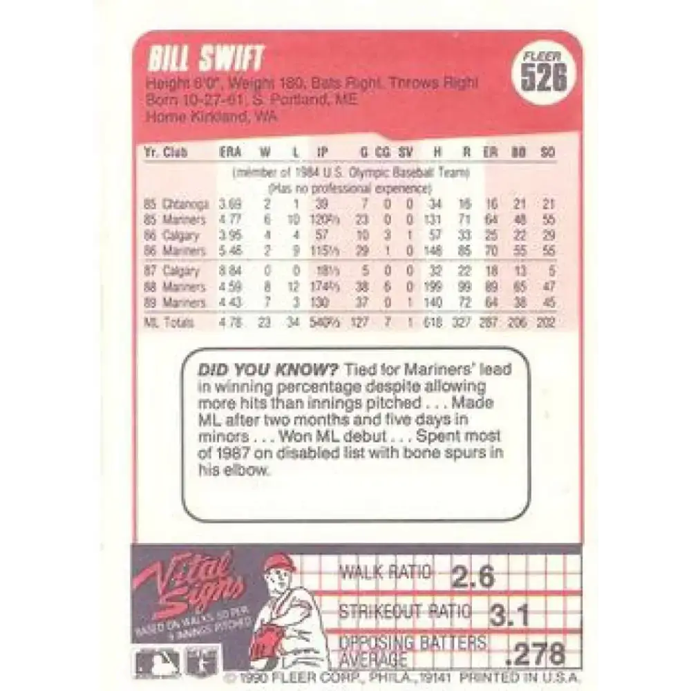 1990 Fleer #526 Bill Swift NM-MT Seattle Mariners Baseball Card - Baseball Card Single