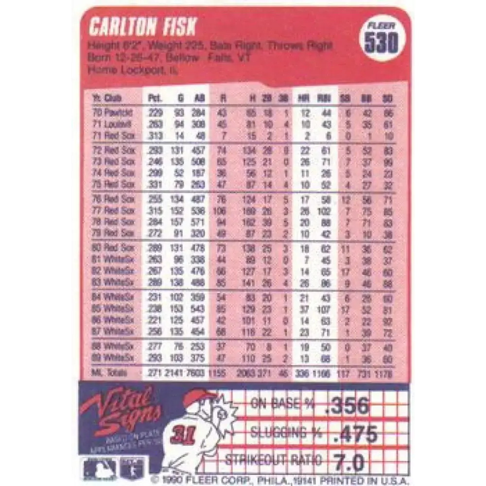 1990 Fleer #530 Carlton Fisk UER NM-MT Chicago White Sox Baseball Card - Baseball Card Single