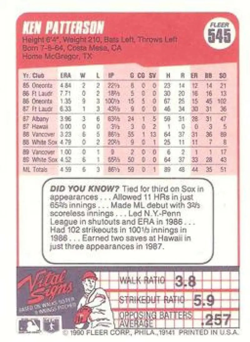 1990 Fleer #545 Ken Patterson NM-MT Chicago White Sox Baseball Card - Baseball Card Single