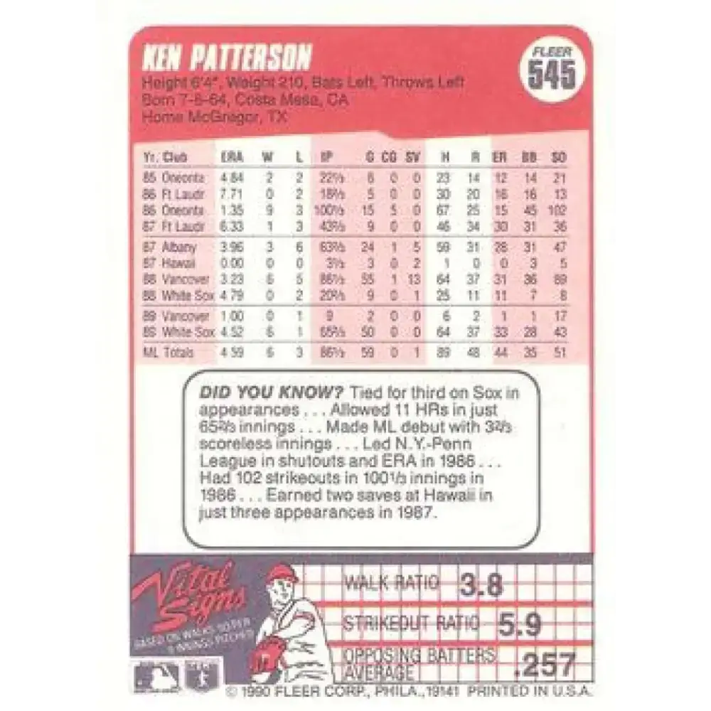 1990 Fleer #545 Ken Patterson NM-MT Chicago White Sox Baseball Card - Baseball Card Single