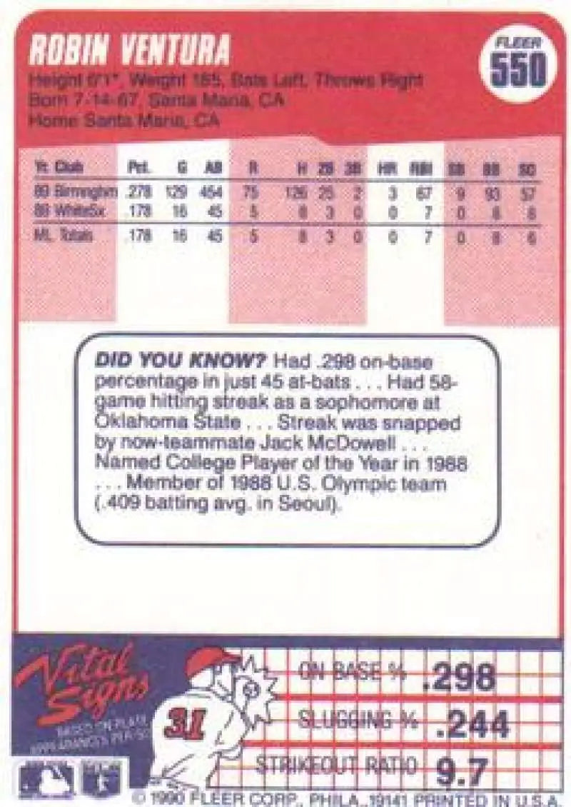 1990 Fleer #550 Robin Ventura NM-MT Chicago White Sox Baseball Card - Baseball Card Single