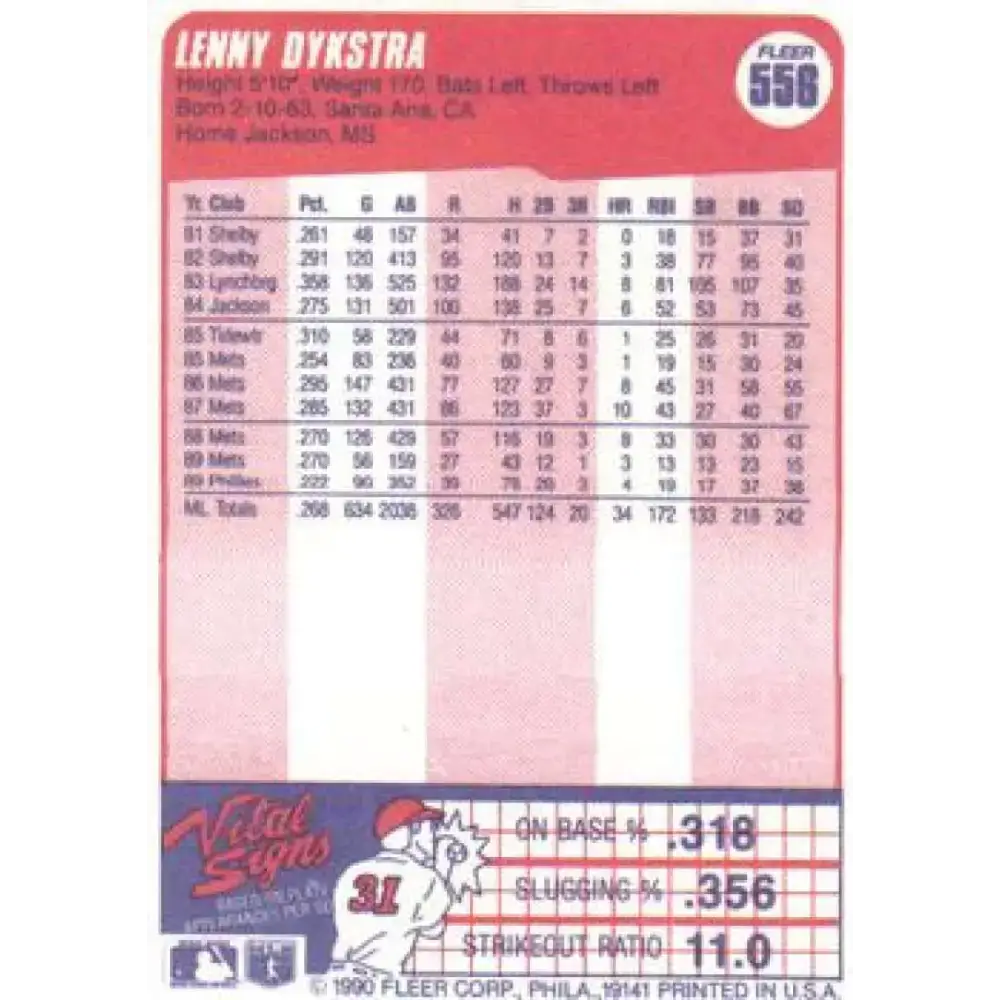 1990 Fleer #556 Lenny Dykstra NM-MT Philadelphia Phillies Baseball Card - Baseball Card Single