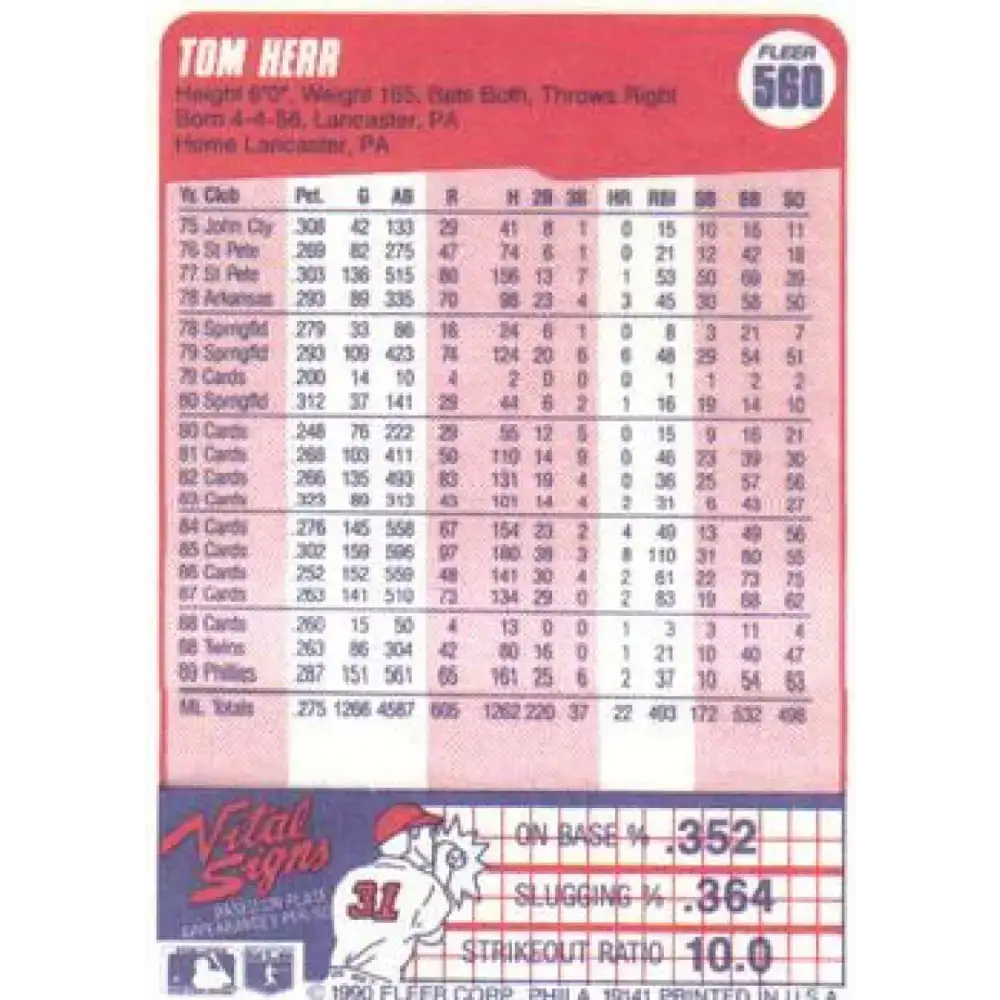 1990 Fleer #560 Tom Herr NM-MT Philadelphia Phillies Baseball Card - Baseball Card Single