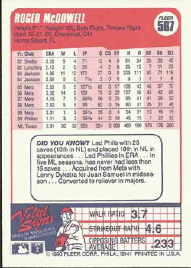 1990 Fleer #567 Roger McDowell NM-MT Philadelphia Phillies Baseball Card - Baseball Card Single