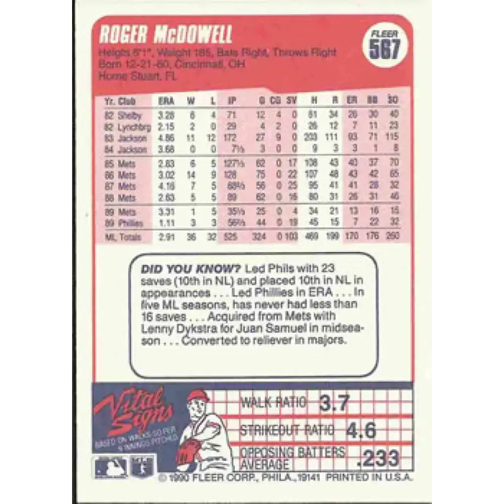 1990 Fleer #567 Roger McDowell NM-MT Philadelphia Phillies Baseball Card - Baseball Card Single