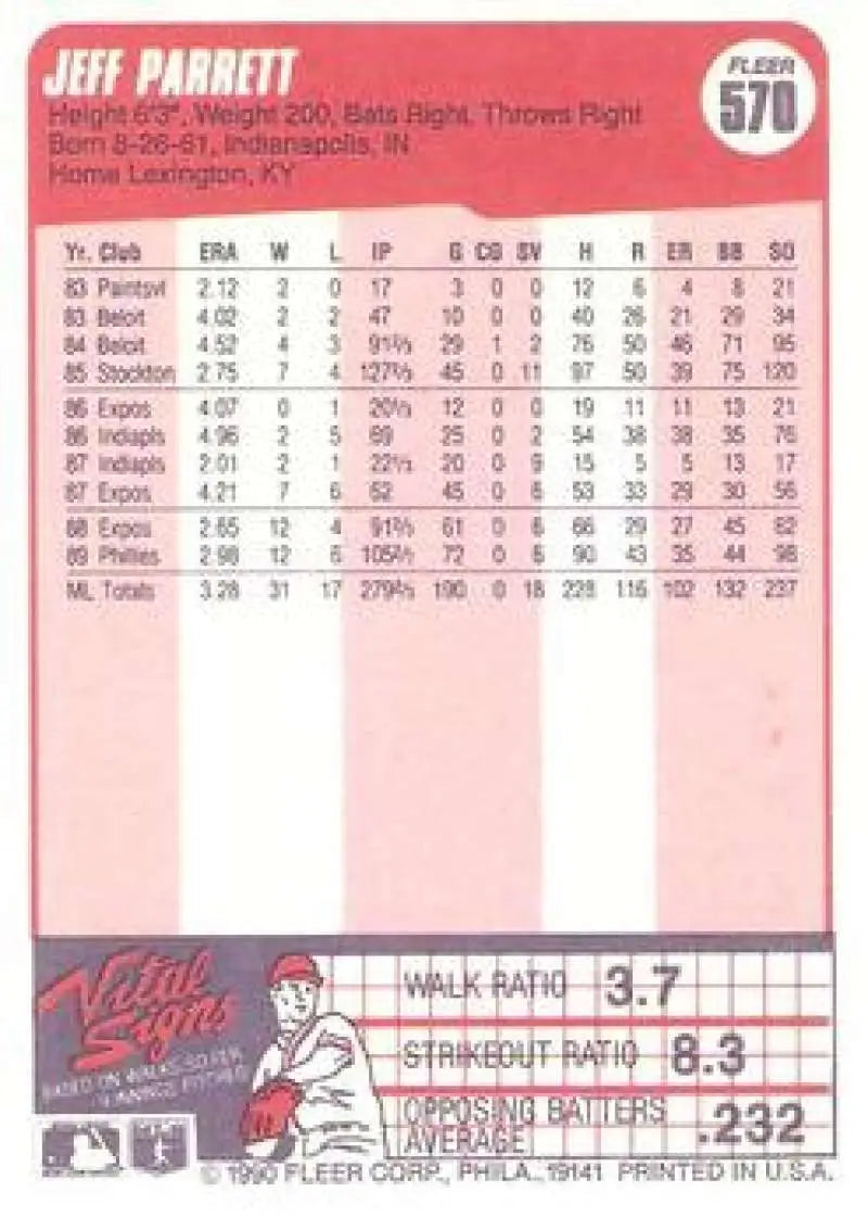 1990 Fleer #570 Jeff Parrett NM-MT Philadelphia Phillies Baseball Card - Baseball Card Single