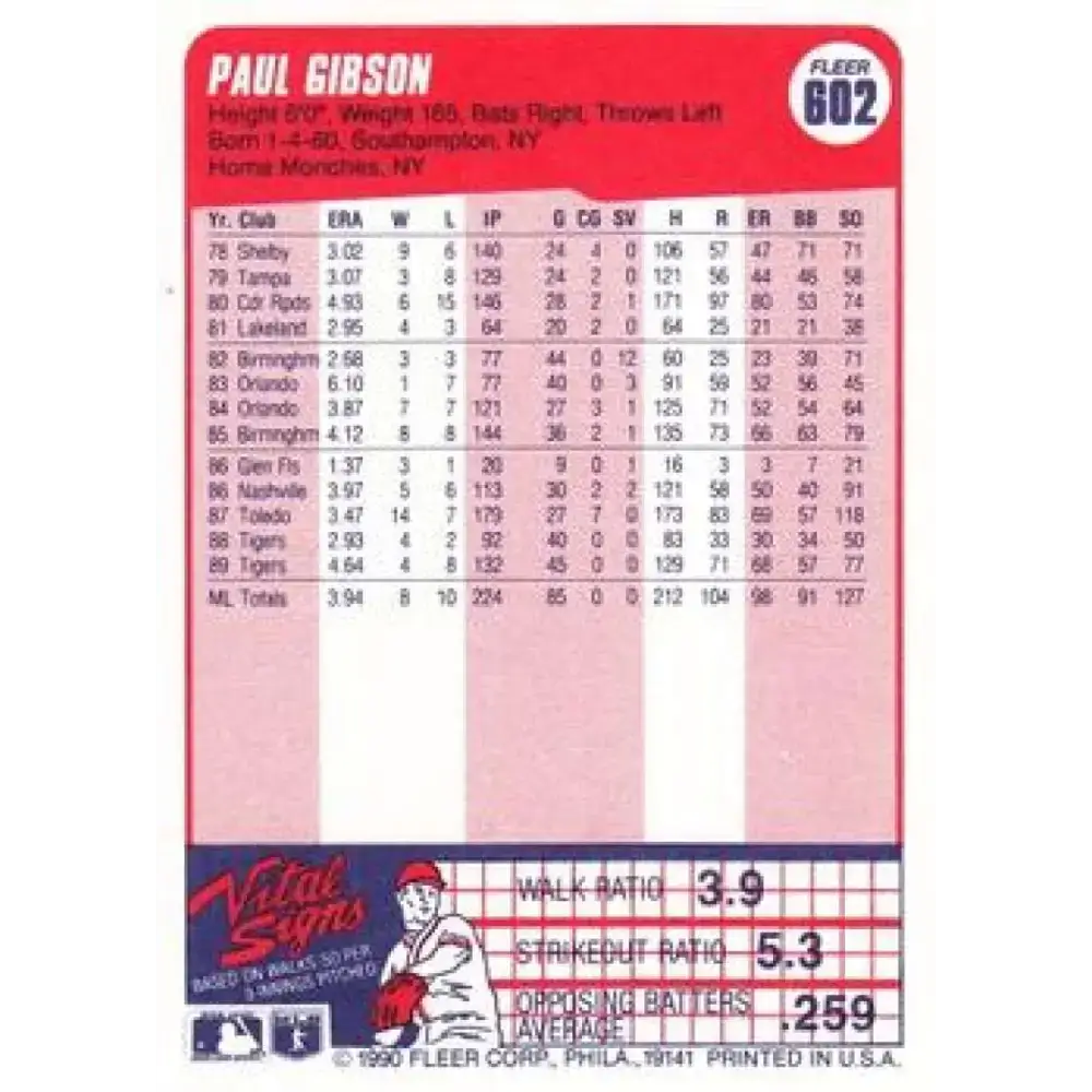 1990 Fleer #602 Paul Gibson NM-MT Detroit Tigers Baseball Card - Baseball Card Single