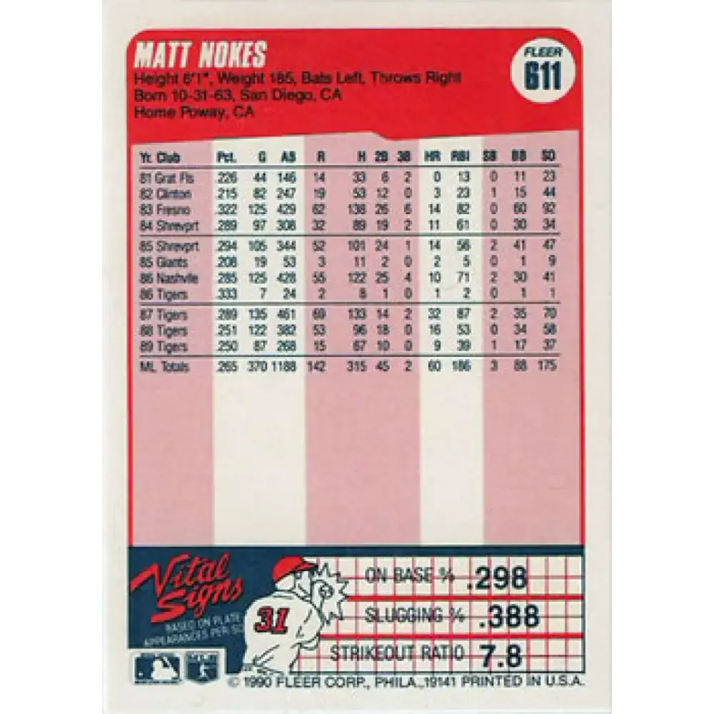 1990 Fleer #611 Matt Nokes NM-MT Detroit Tigers Baseball Card - Baseball Card Single