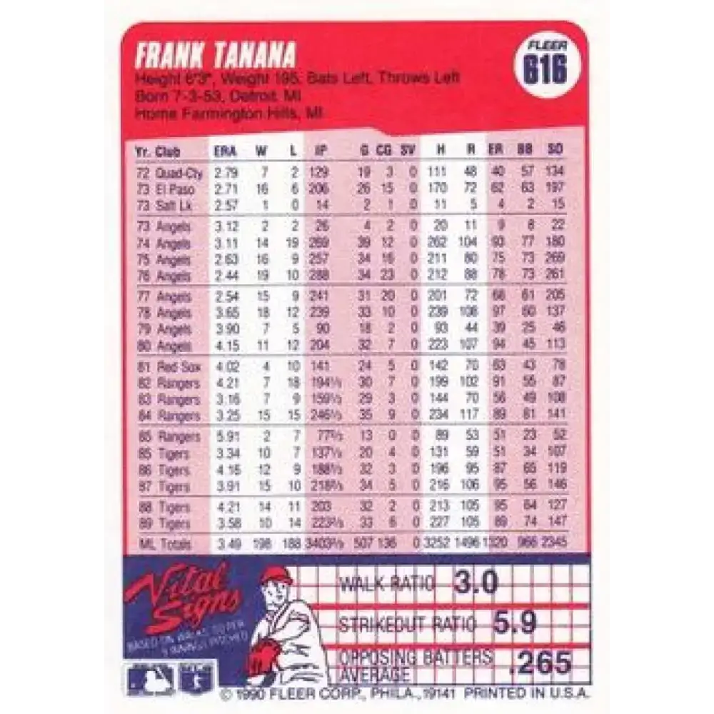 1990 Fleer #616 Frank Tanana NM-MT Detroit Tigers Baseball Card - Baseball Card Single