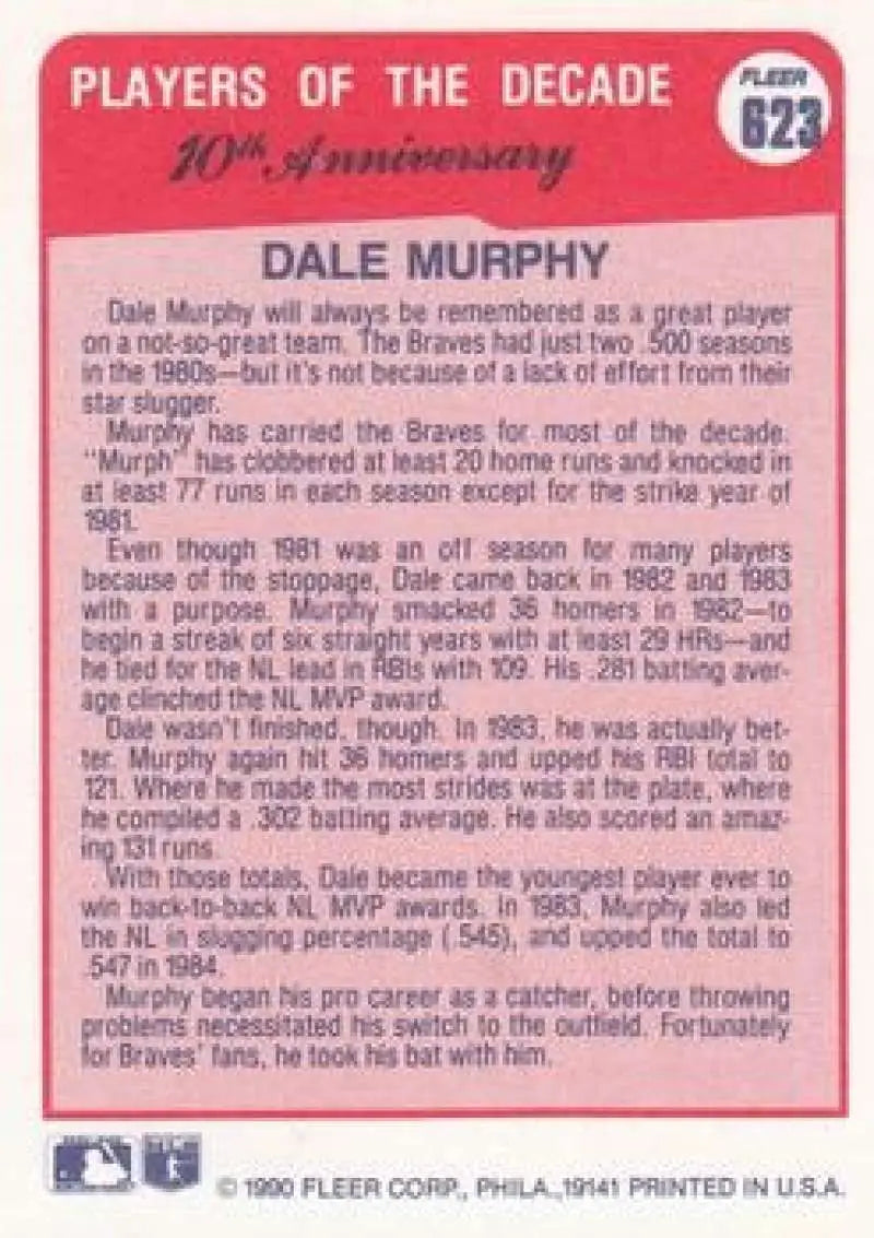1990 Fleer #623 Dale Murphy NM-MT Atlanta Braves Baseball Card - Baseball Card Single