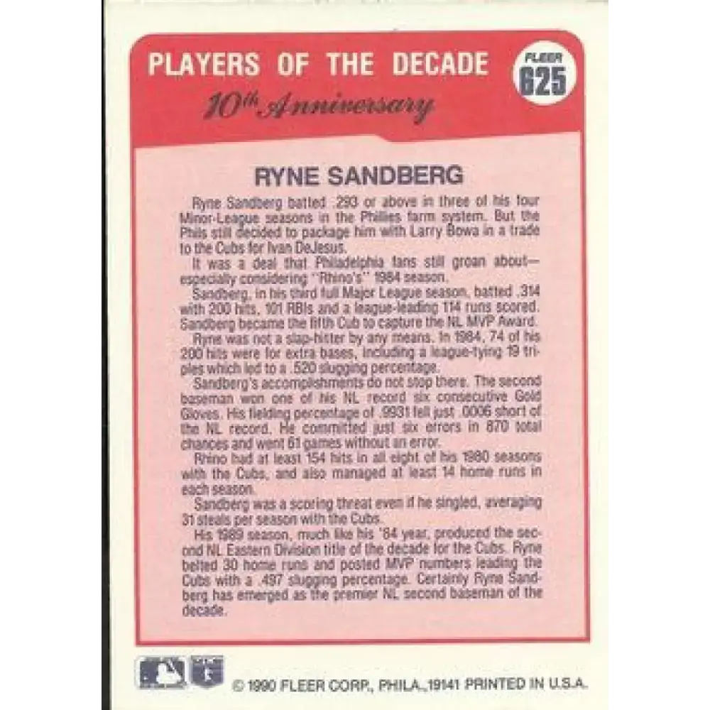 1990 Fleer #625 Ryne Sandberg 1984 NM-MT Chicago Cubs Baseball Card - Baseball Card Single