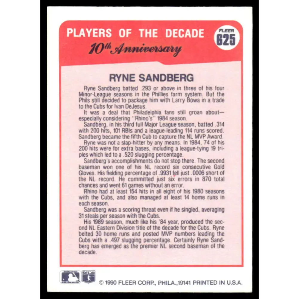 1990 Fleer #625 Ryne Sandberg EX Chicago Cubs Baseball Card - Baseball Card Single