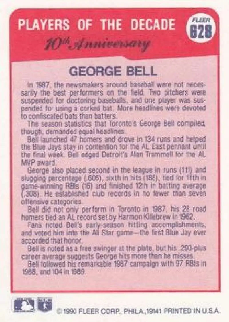 1990 Fleer #628 George Bell NM-MT Toronto Blue Jays Baseball Card - Baseball Card Single