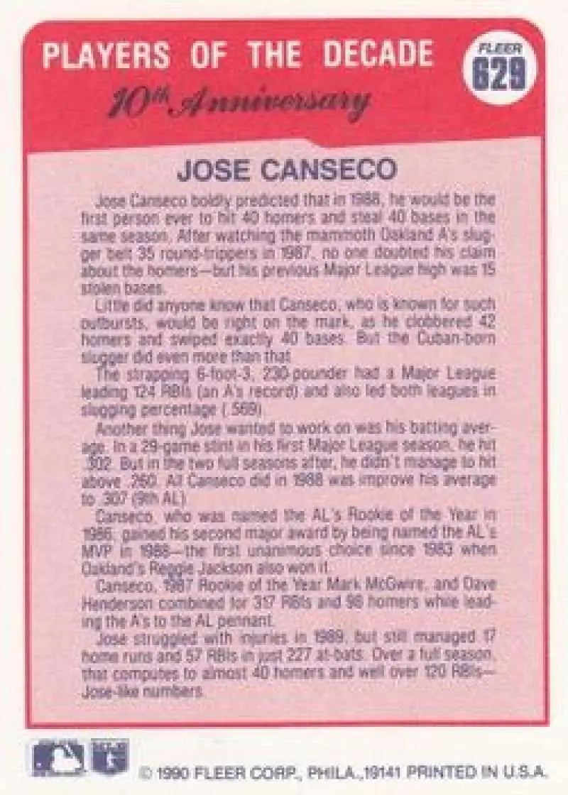 1990 Fleer #629 Jose Canseco NM-MT Oakland Athletics Baseball Card - Baseball Card Single