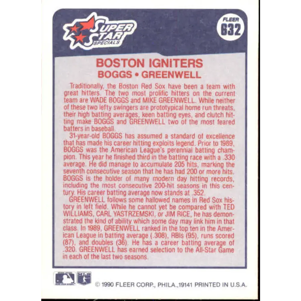1990 Fleer #632 Wade Boggs/Mike Greenwell Boston Igniters NM-MT Boston Red Sox Baseball Card - Baseball Card Single