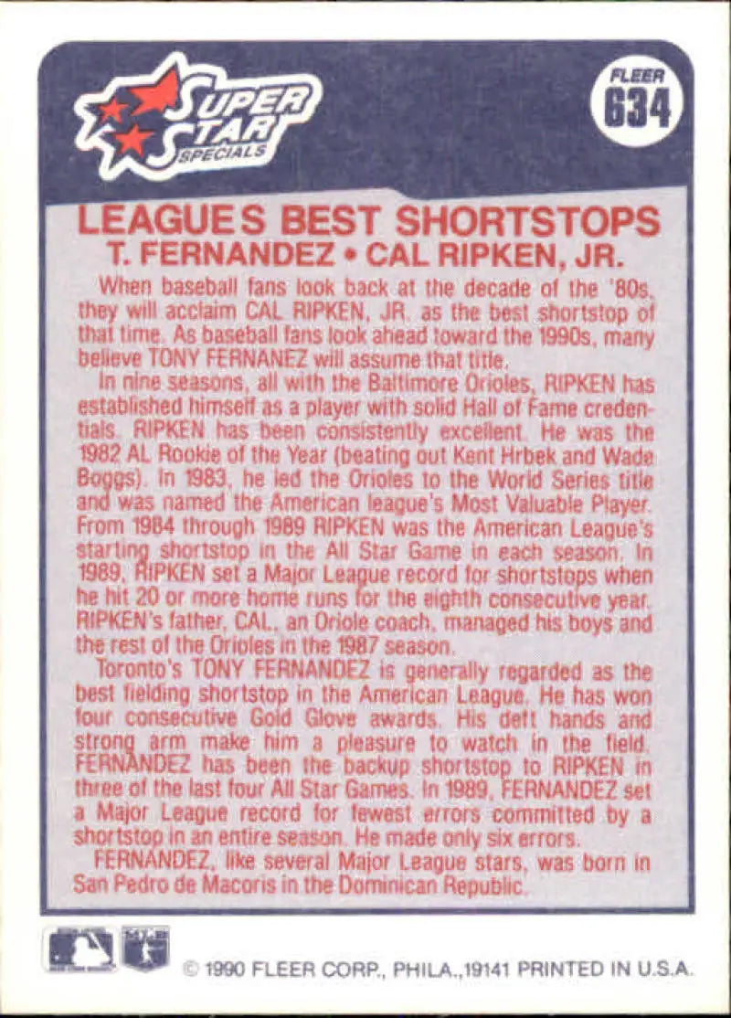 1990 Fleer #634 Tony Fernandez/Cal Ripken Jr. NM-MT Toronto Blue Jays/Baltimore Orioles Baseball Card - Baseball Card