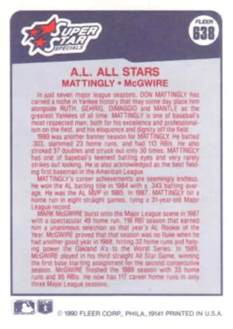 1990 Fleer #638 Don Mattingly/Mark McGwire NM-MT New York Yankees/Oakland Athletics Baseball Card - Baseball Card Single