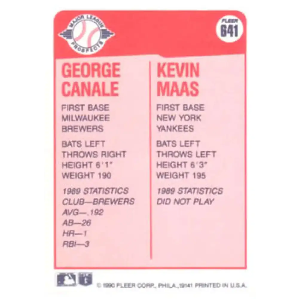1990 Fleer #641 George Canale/Kevin Maas NM-MT RC Rookie Milwaukee Brewers/New York Yankees Baseball Card - Baseball