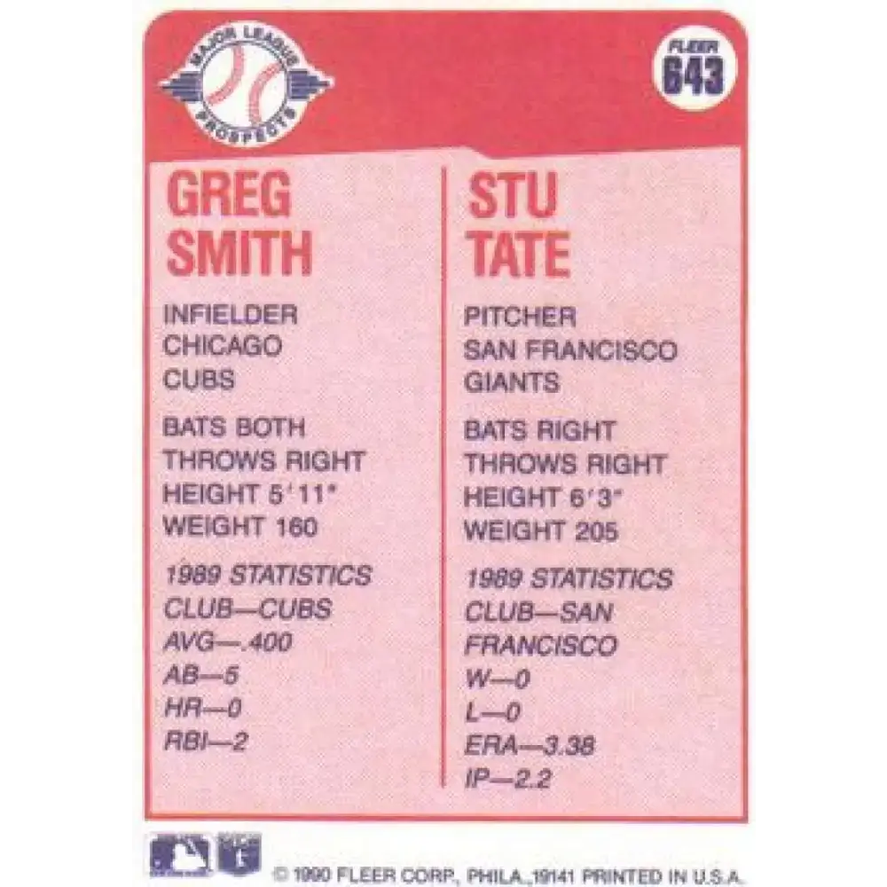 1990 Fleer #643 Greg Smith/Stu Tate NM-MT RC Rookie Chicago Cubs/San Francisco Giants Baseball Card - Baseball Card