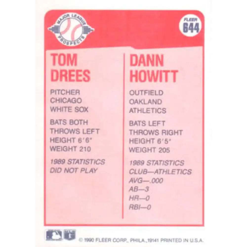1990 Fleer #644 Tom Drees/Dann Howitt NM-MT RC Rookie Chicago White Sox/Oakland Athletics Baseball Card - Baseball Card