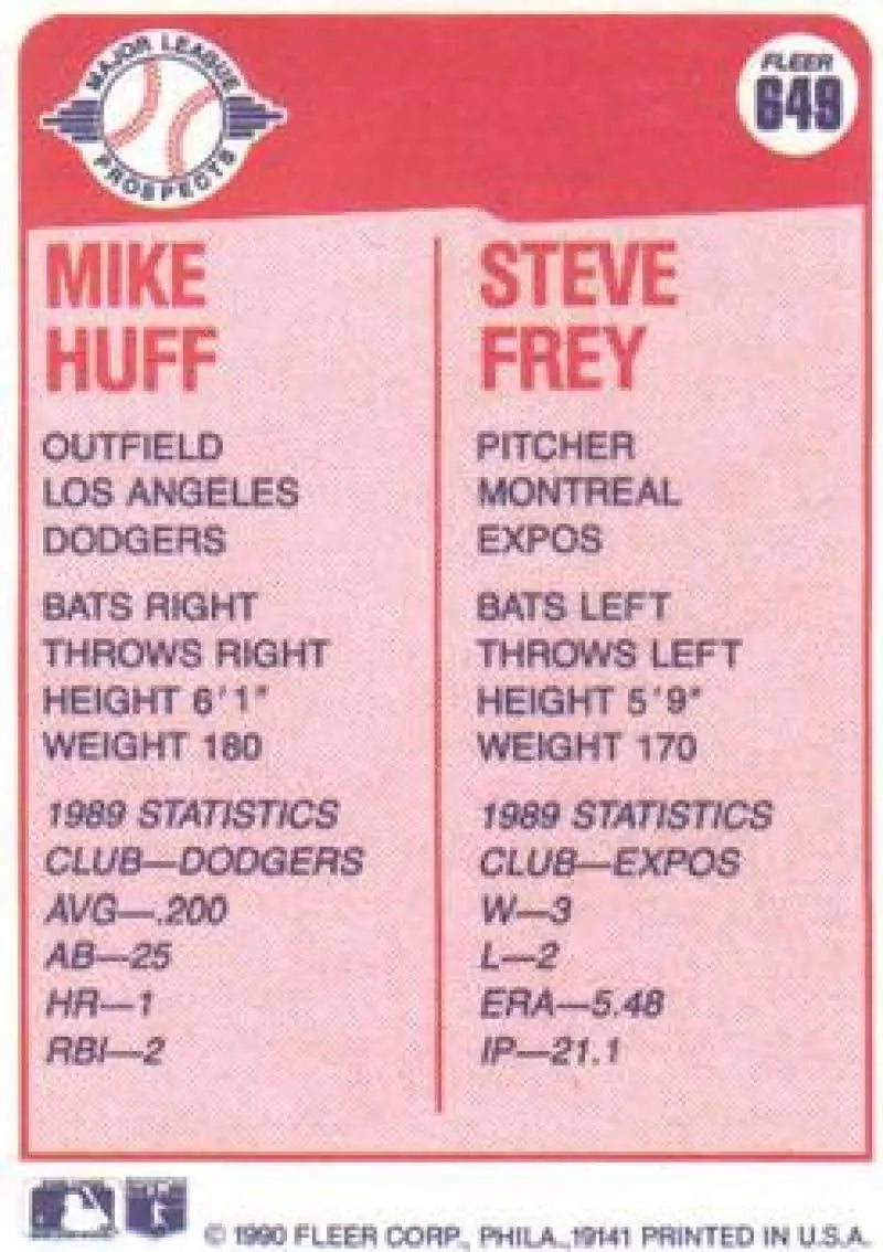 1990 Fleer #649 Mike Huff/Steve Frey NM-MT RC Rookie Los Angeles Dodgers/Montreal Expos Baseball Card - Baseball Card