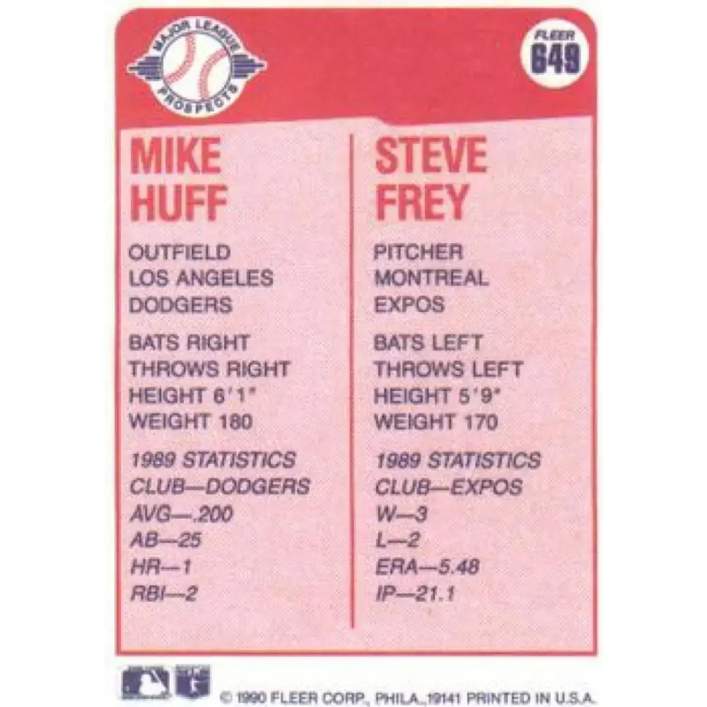 1990 Fleer #649 Mike Huff/Steve Frey NM-MT RC Rookie Los Angeles Dodgers/Montreal Expos Baseball Card - Baseball Card