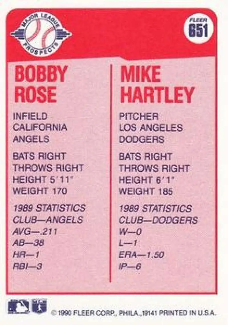 1990 Fleer #651 Bobby Rose/Mike Hartley NM-MT RC Rookie California Angels/Los Angeles Dodgers Baseball Card - Baseball