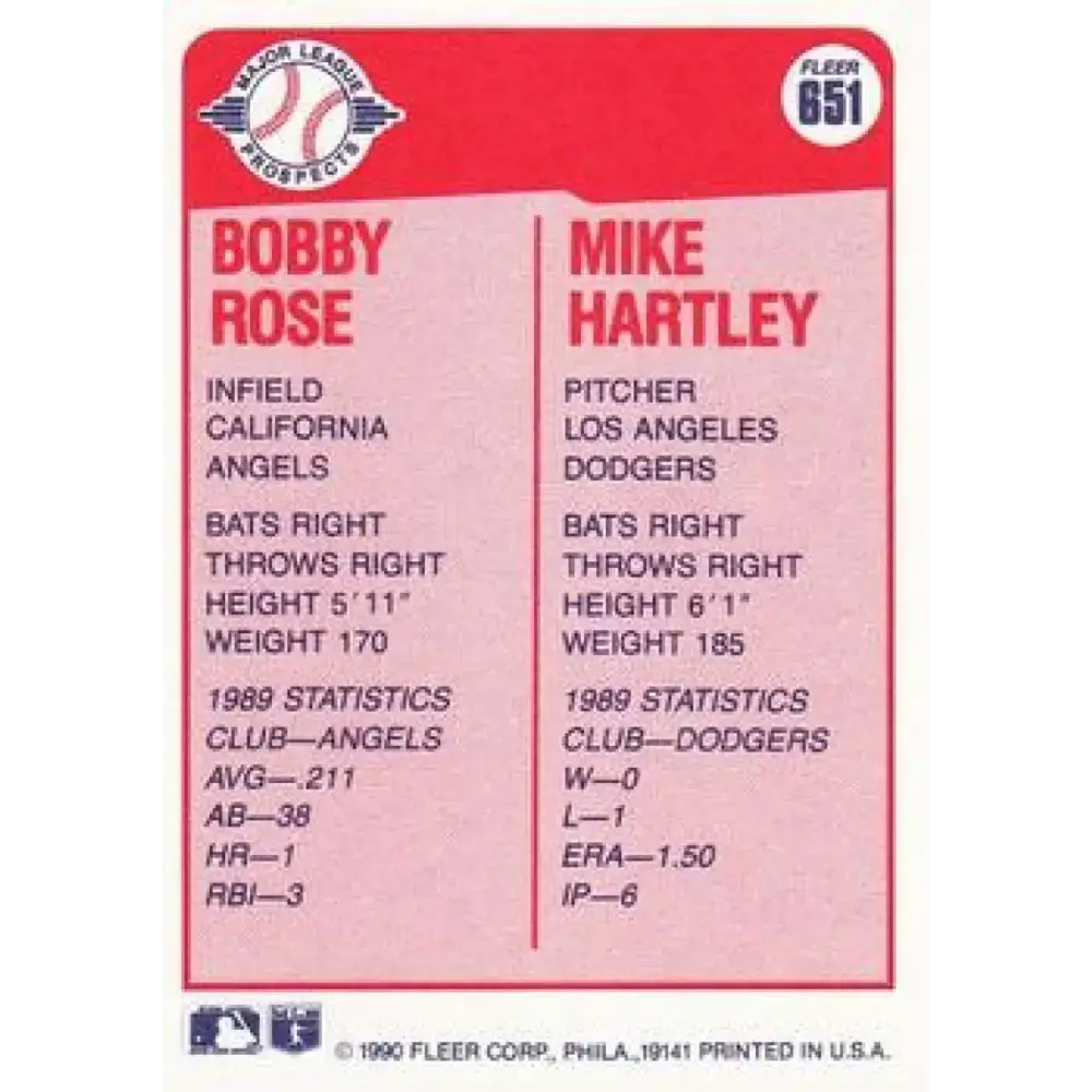 1990 Fleer #651 Bobby Rose/Mike Hartley NM-MT RC Rookie California Angels/Los Angeles Dodgers Baseball Card - Baseball