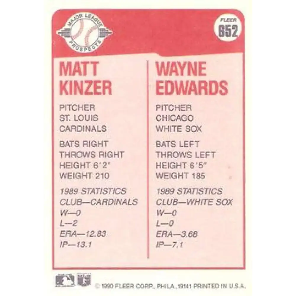 1990 Fleer #652 Matt Kinzer/Wayne Edwards NM-MT RC Rookie St. Louis Cardinals/Chicago White Sox Baseball Card