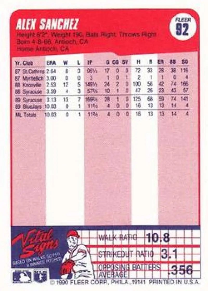 1990 Fleer #92 Alex Sanchez NM-MT Toronto Blue Jays Baseball Card - Baseball Card Single