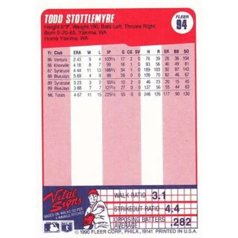1990 Fleer #94 Todd Stottlemyre NM-MT Toronto Blue Jays Baseball Card - Baseball Card Single