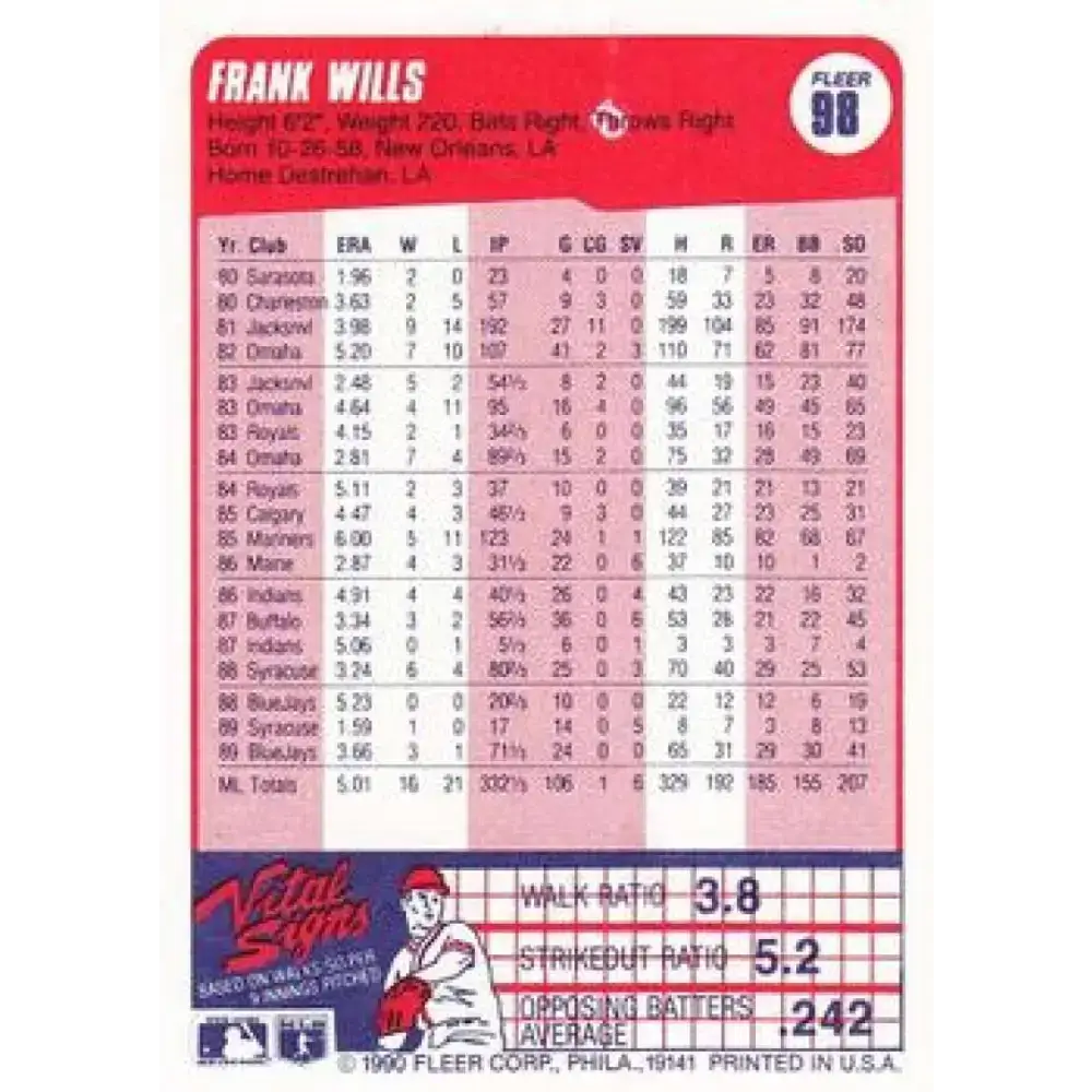 1990 Fleer #98 Frank Wills NM-MT Toronto Blue Jays Baseball Card - Baseball Card Single