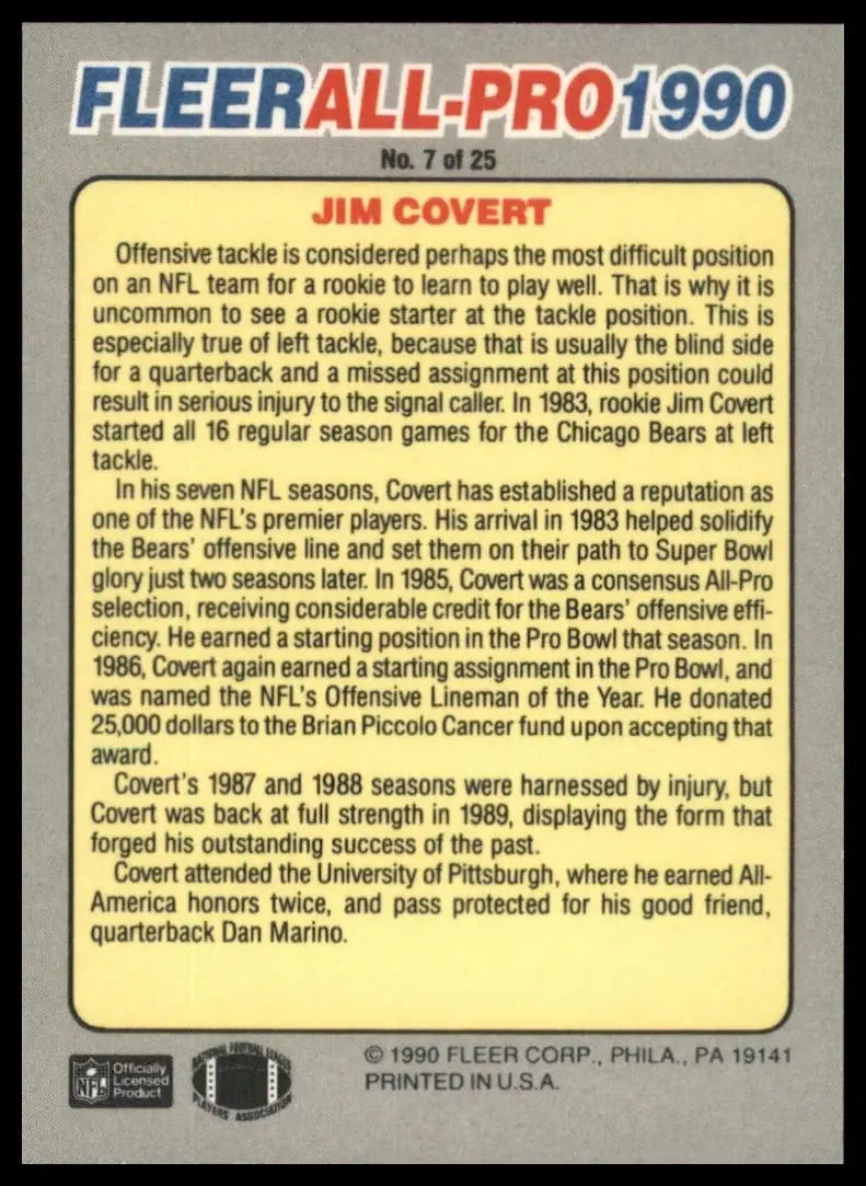 1990 Fleer All Pro Jim Covert #7 Chicago Bears Football Card NFL Sports - Football Card Single