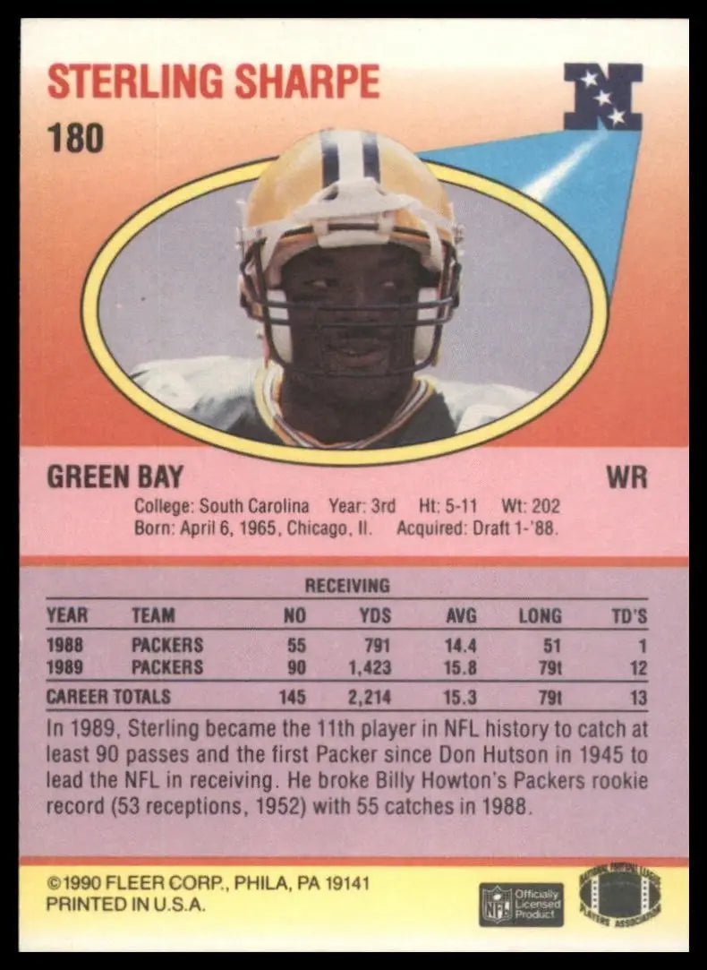 1990 Fleer Sterling Sharpe #180 Green Bay Packers Football Card NFL Sports - Football Card Single