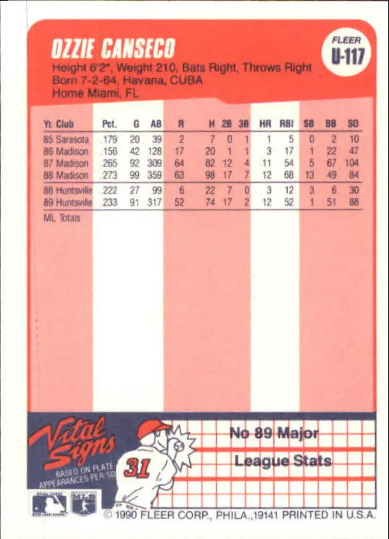 1990 Fleer Update #U-117 Ozzie Canseco NM-MT Oakland Athletics Baseball Card - Baseball Card Single