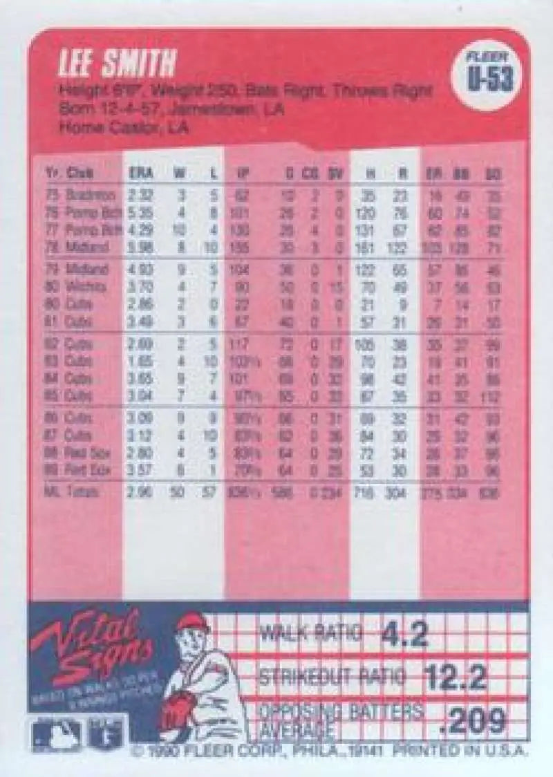1990 Fleer Update #U-53 Lee Smith NM-MT St. Louis Cardinals Baseball Card - Baseball Card Single