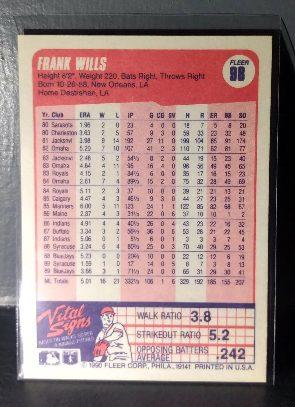 1990 Frank Wills Fleer Baseball Card #98 - Baseball Card Single