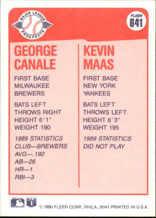 1990 George Canale / Kevin Maas Fleer Baseball Card #641 - Baseball Card Single