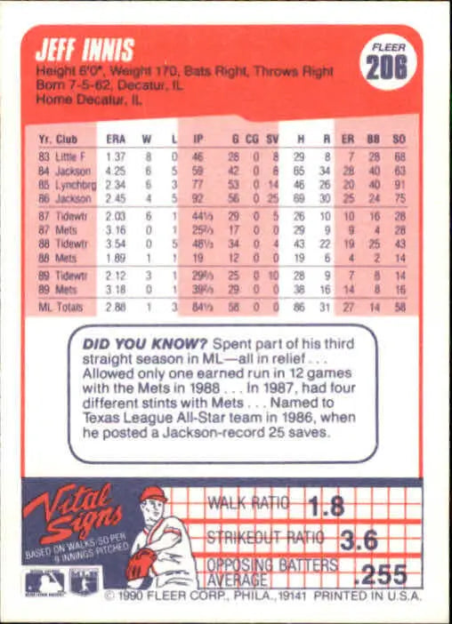 1990 Jeff Innis Fleer Baseball Card #206