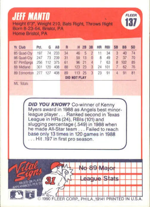 1990 Jeff Manto Fleer Baseball Card #137