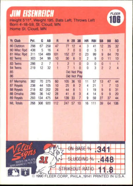 1990 Jim Eisenreich Fleer Baseball Card #106