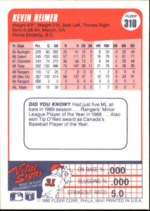1990 Kevin Reimer Fleer Baseball Card #310 - Baseball Card Single