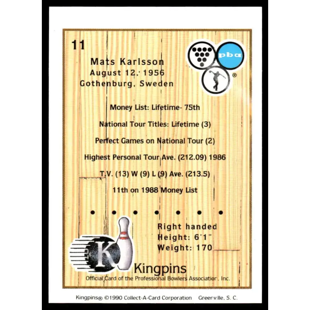 1990 Kingpins #11 Mats Karlsson NM-MT PBA Bowling Card - Other