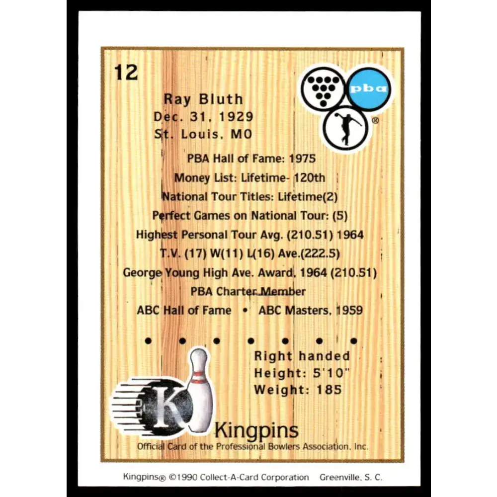 1990 Kingpins #12 Ray Bluth NM-MT PBA Bowling Card - Other