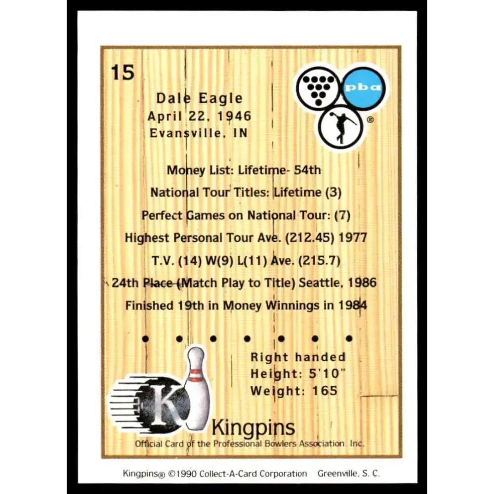 1990 Kingpins #15 Dale Eagle NM-MT PBA Bowling Card - Other