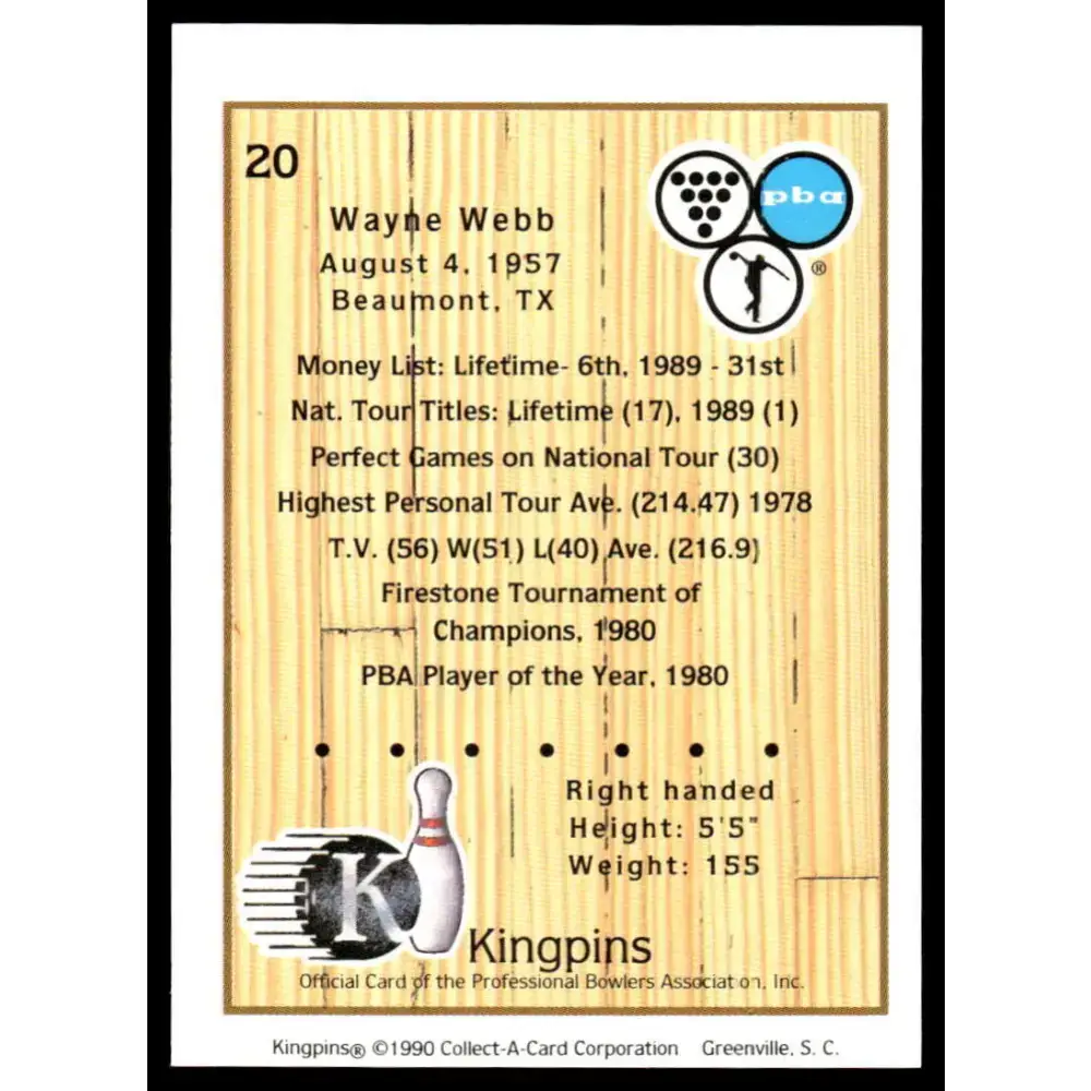 1990 Kingpins #20 Wayne Webb NM-MT PBA Bowling Card - Other